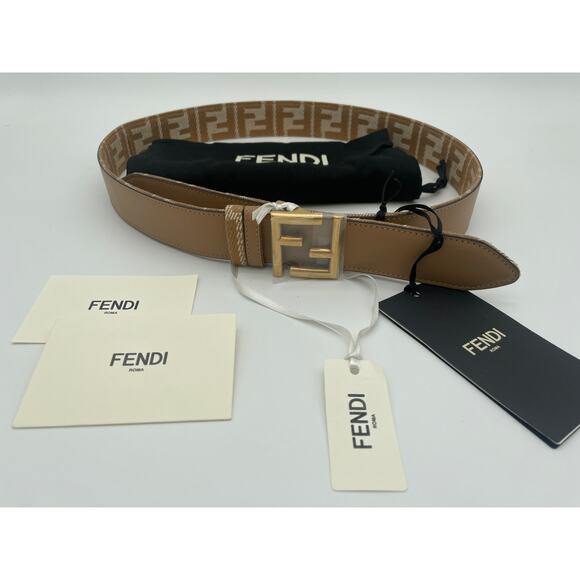 $790 NEW FENDI BEIGE LEATHER FF LOGO REVERSIBLE BELT NWT 85 AUTHENTIC! - Picture 4 of 10